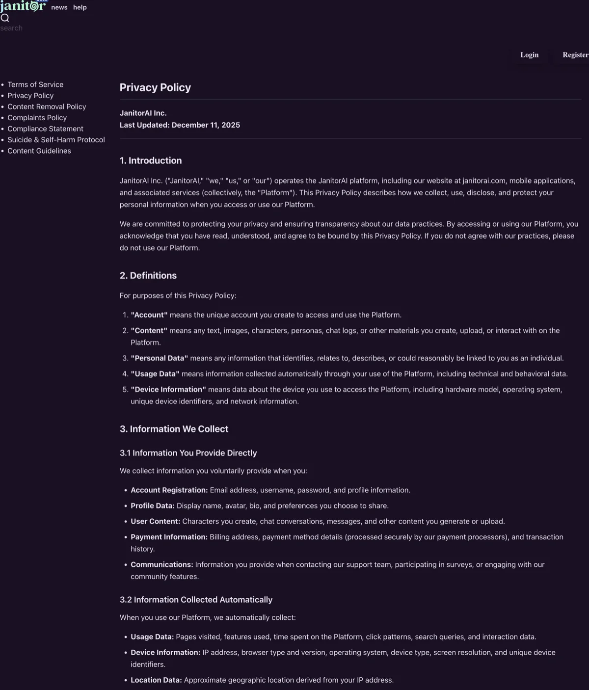 JanitorAI's privacy policy, dated December 11, 2025, showing the operator JanitorAI Inc. and the data it collects including chat conversations