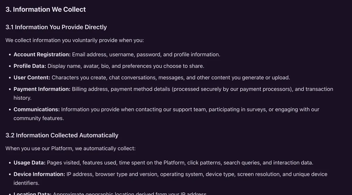 The policy's Information We Collect section, listing chat conversations and messages as collected User Content