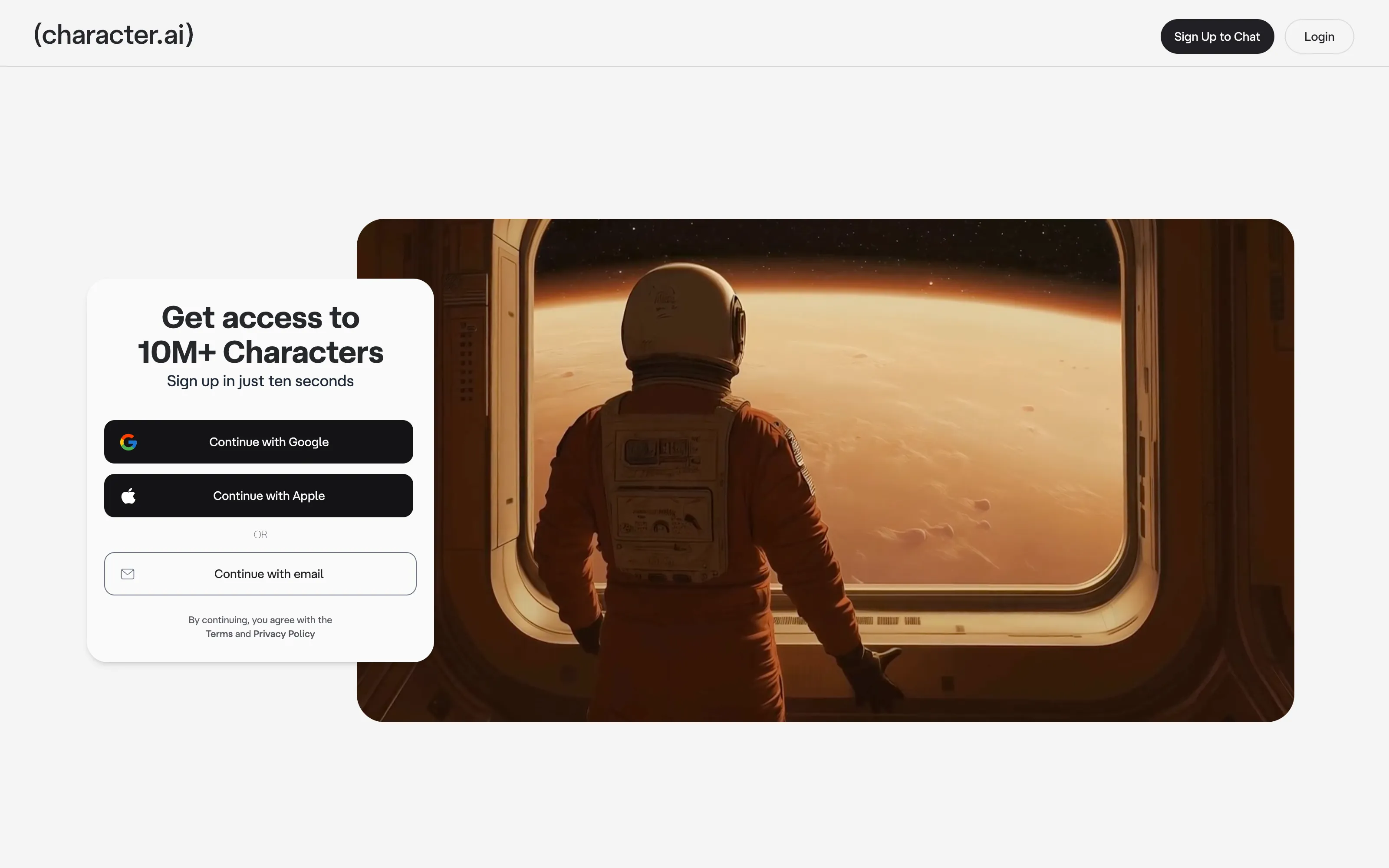 Character.AI's signup wall advertising access to more than ten million characters