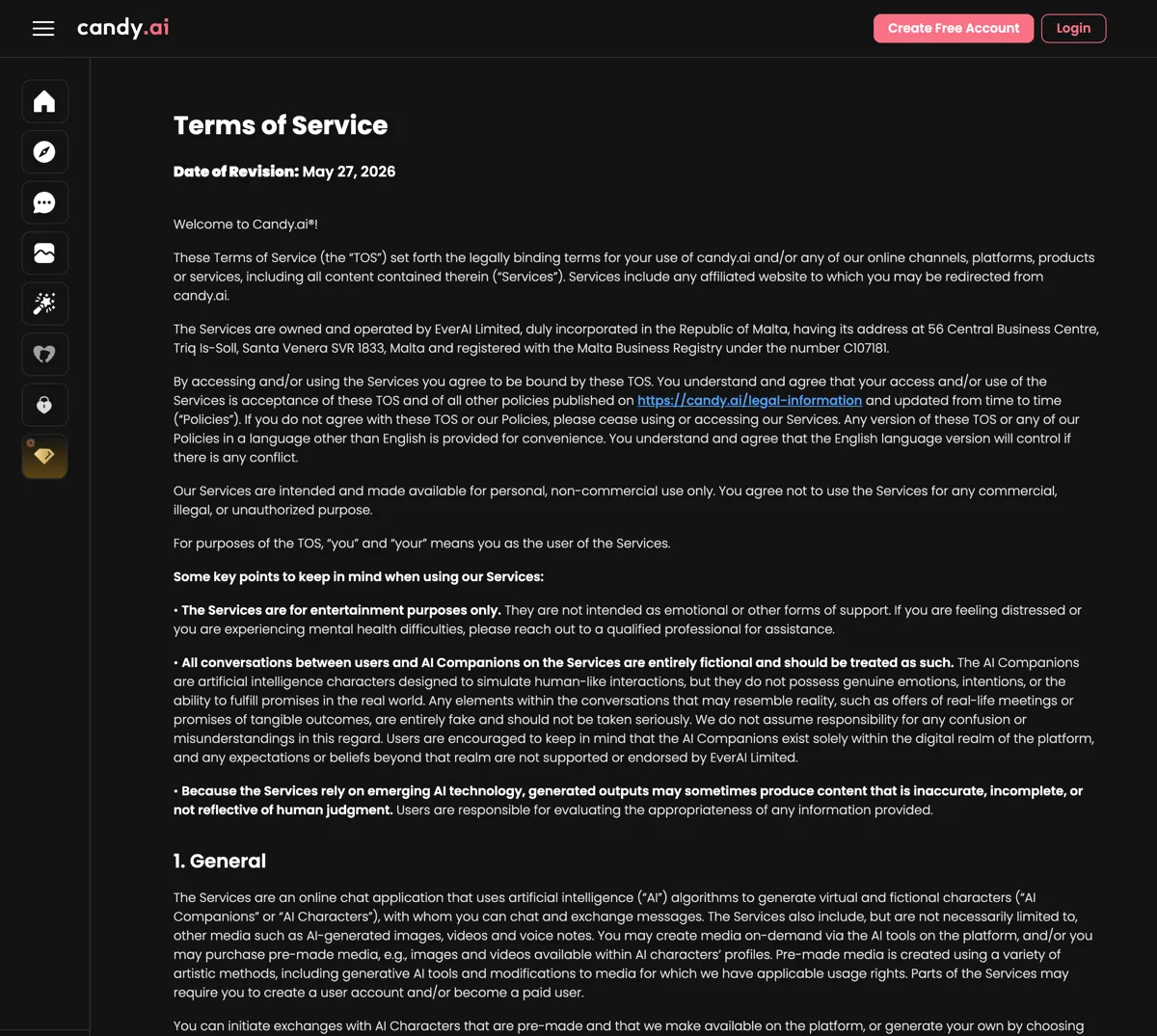 Candy AI's Terms of Service, revised May 27, 2026, naming EverAI Limited as the operator