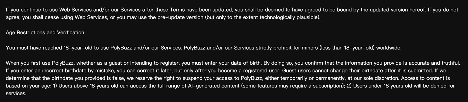 PolyBuzz Terms of Use age restriction clause requiring users to be 18 or older, captured July 18, 2026