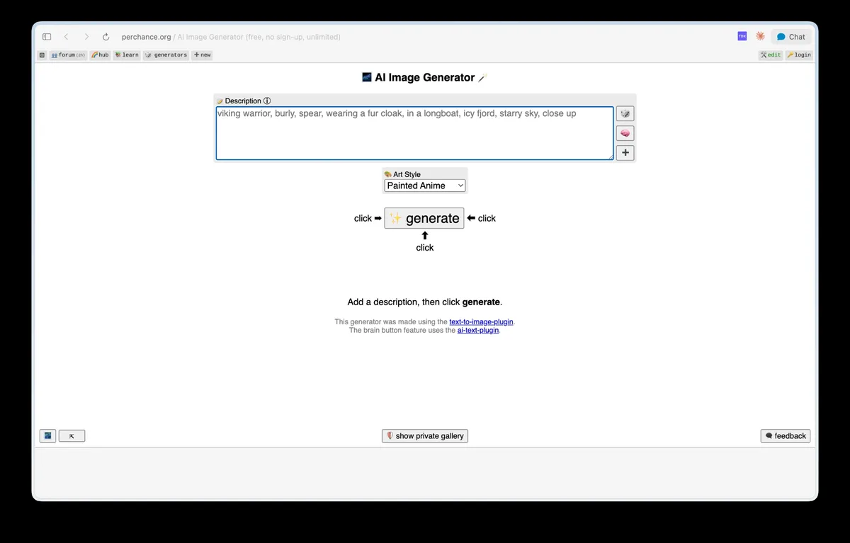 Perchance free AI image generator page
