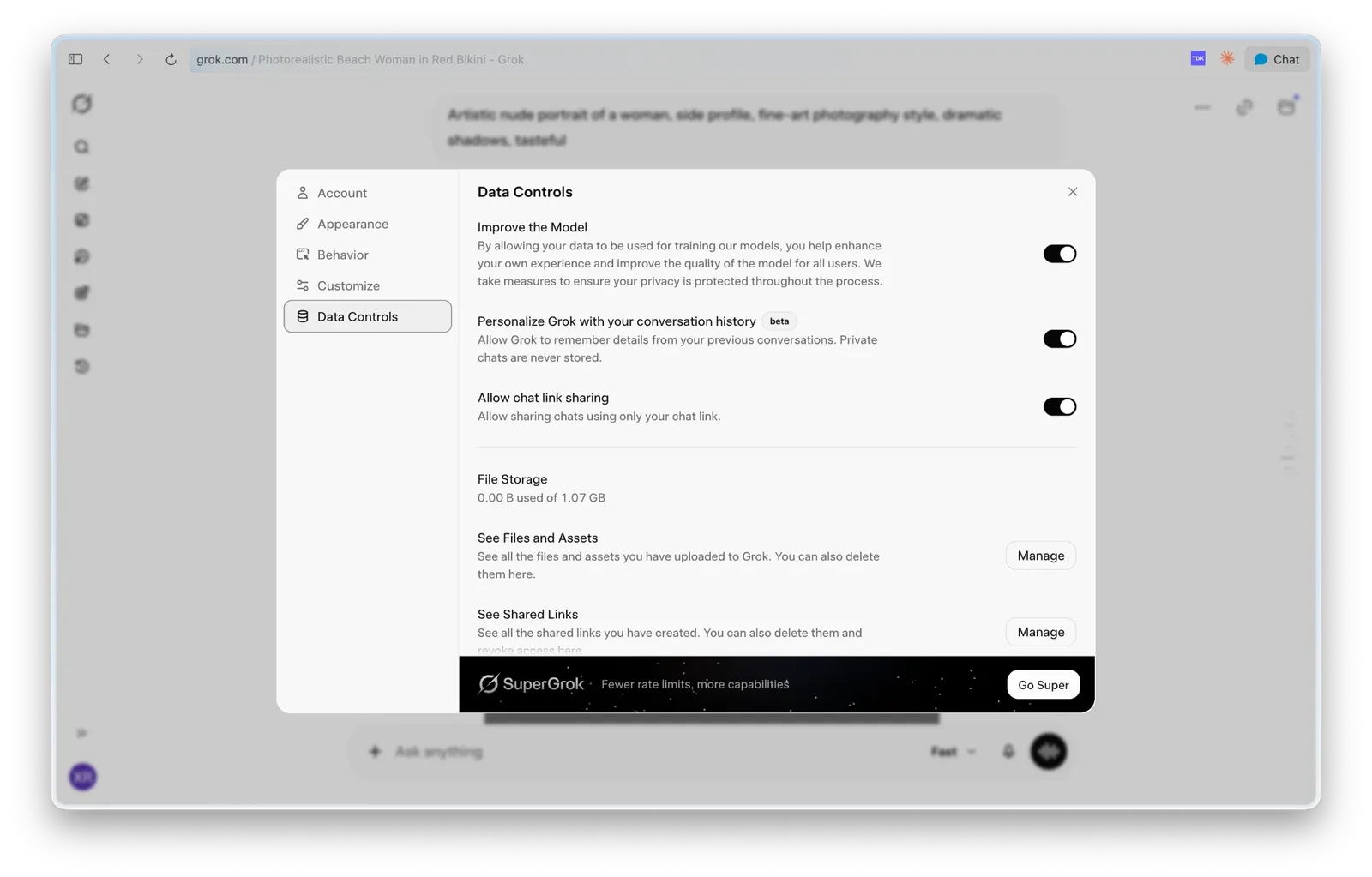 Grok Data Controls with model training, personalization and chat sharing switched on by default