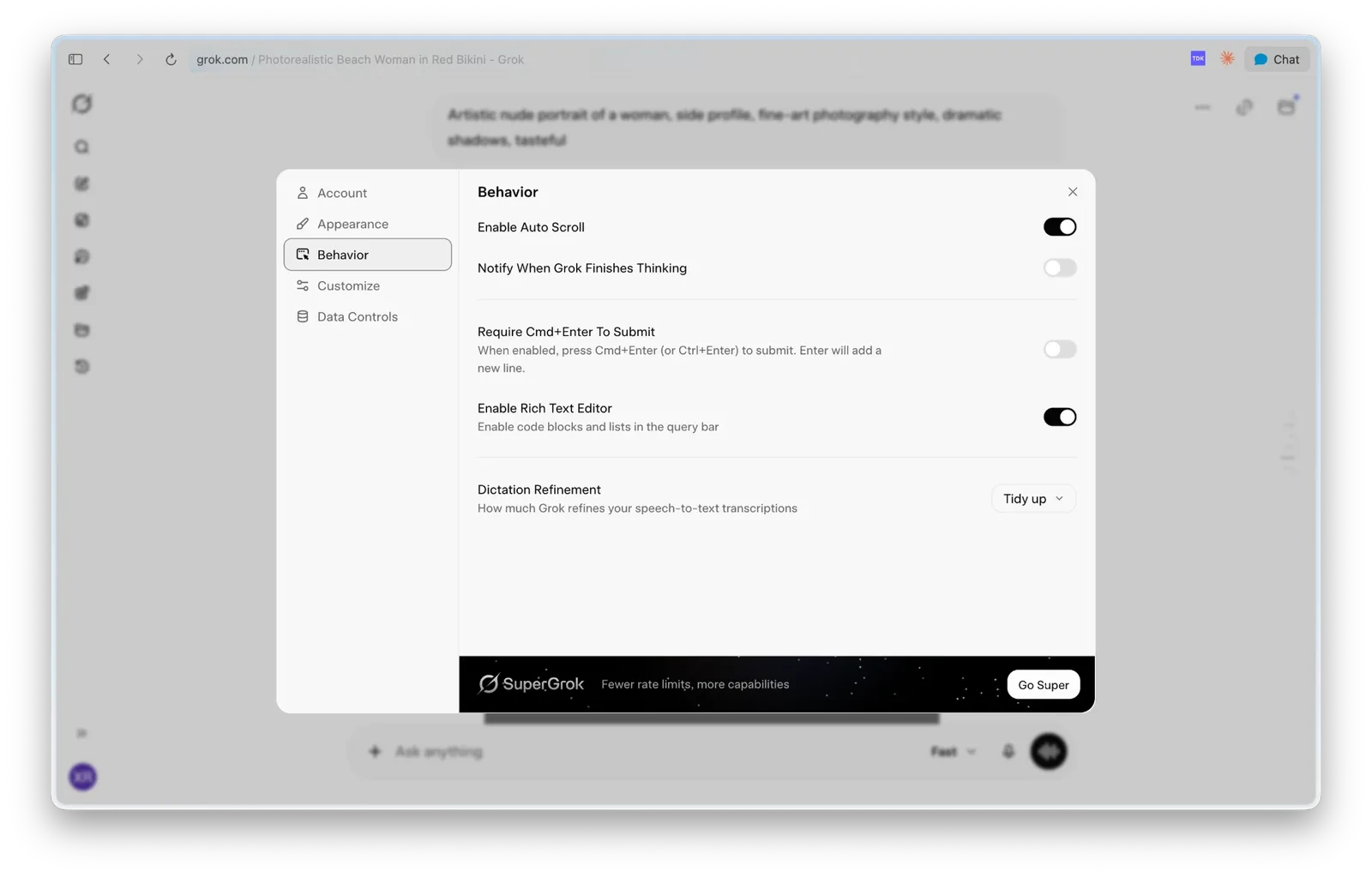 Grok settings menu with five tabs and no NSFW or content option