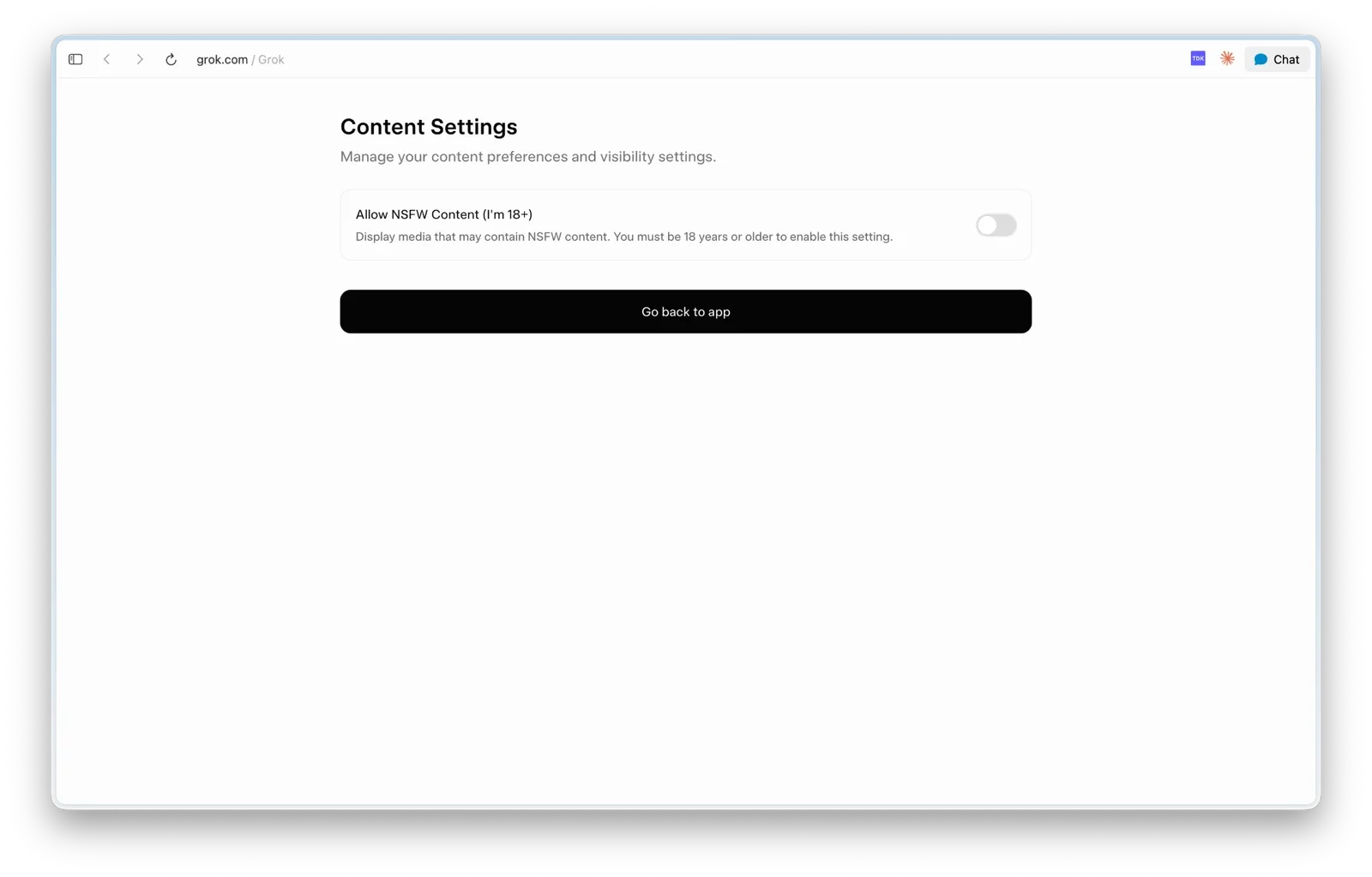 Grok Content Settings page showing the Allow NSFW Content 18+ toggle switched off
