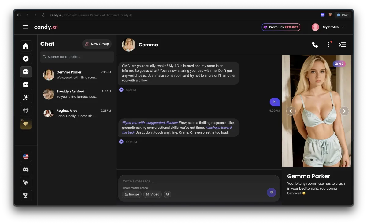 Candy AI chat on a paid account showing an explicit roleplay scene running without a filter interruption
