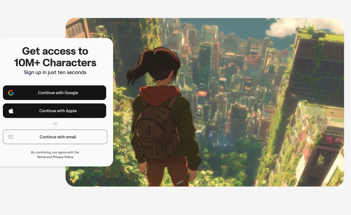 Character AI signup screen advertising access to more than 10 million characters