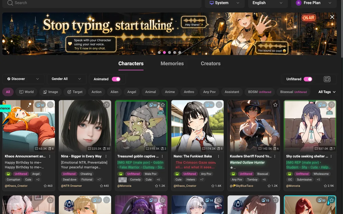 CrushOn AI home feed with the unfiltered toggle switched on, character cards, and a voice chat banner