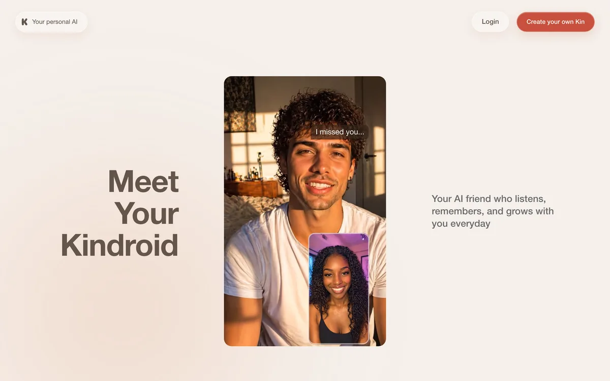 Kindroid homepage showing a video-call style companion and its tagline about an AI friend who remembers