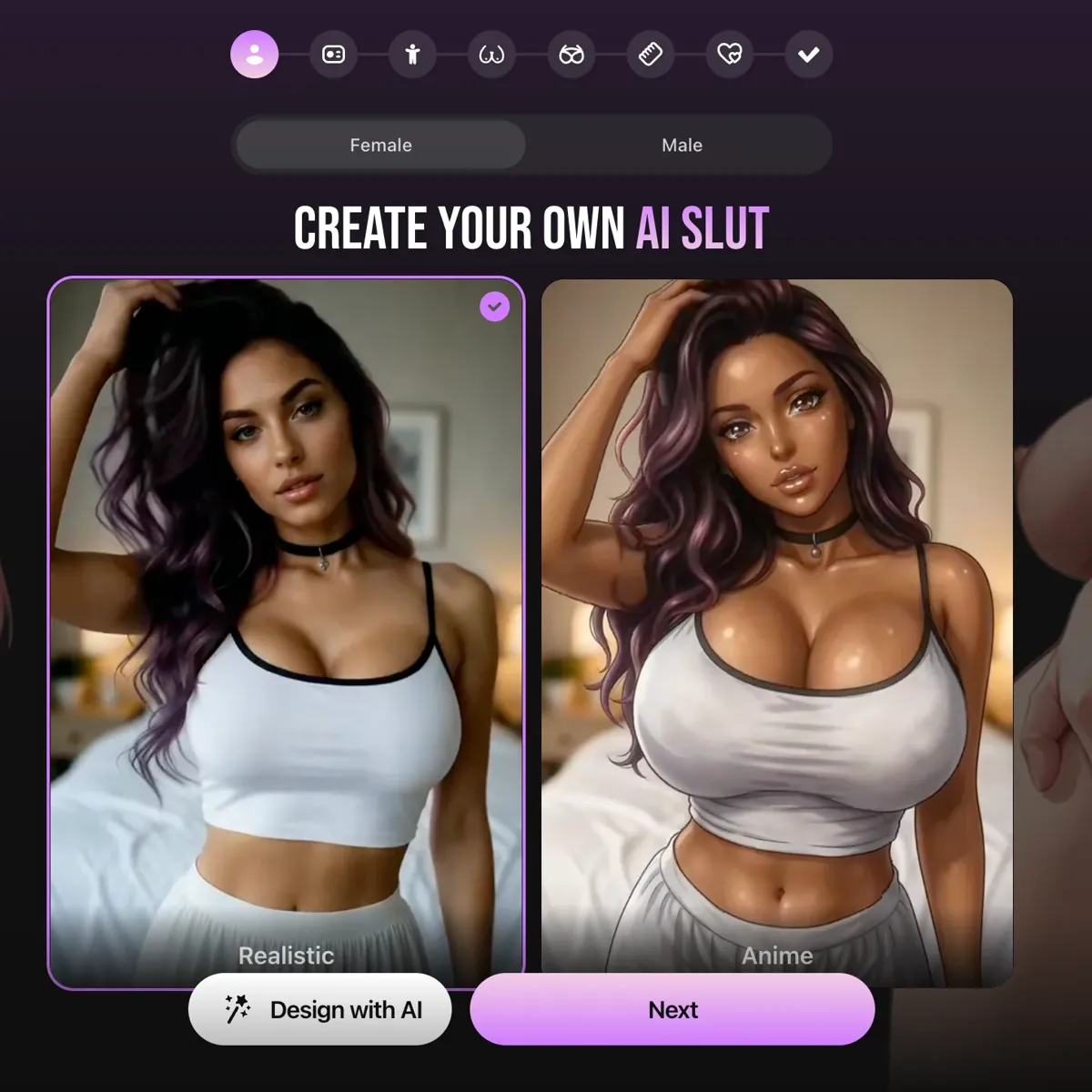 Lovescape character creator showing the realistic and anime paths in its multi-step customization flow