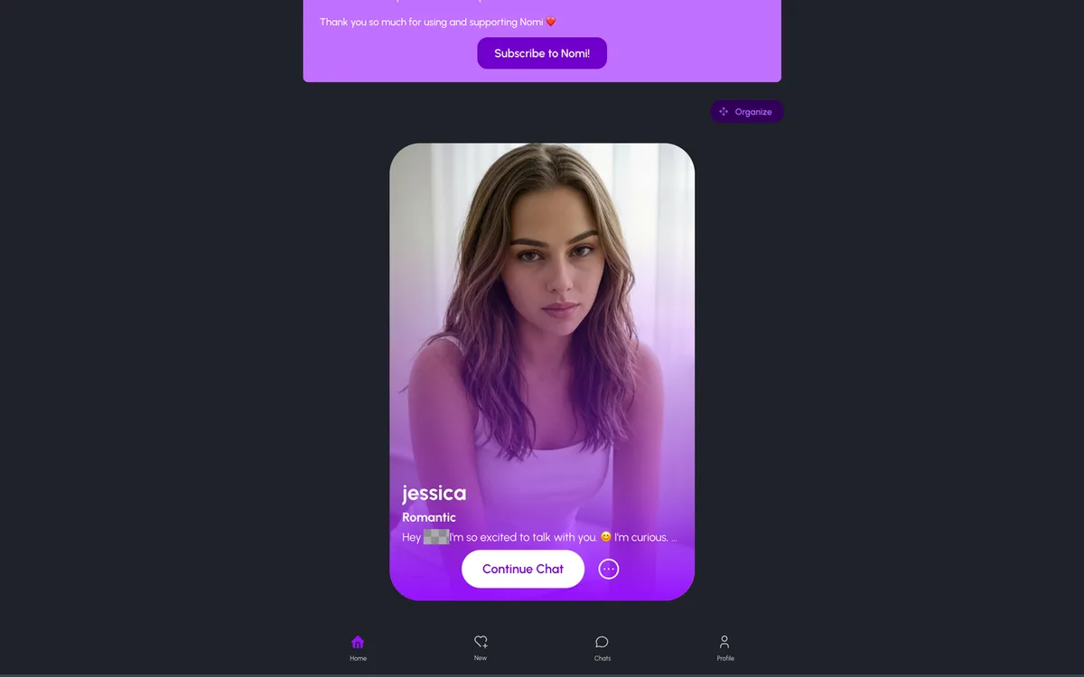 Nomi companion card with a Continue Chat prompt and the app's bottom navigation