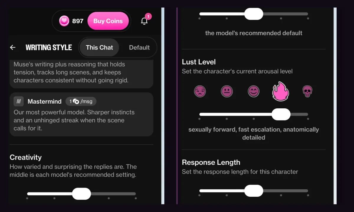 OurDream AI paid writing controls for model choice, creativity, lust level, and response length