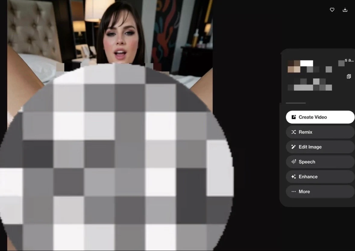 OurDream AI generated media showing the character's photo-real face and lighting, with the explicit region masked and the Create Video, Remix, and Edit Image actions beside it