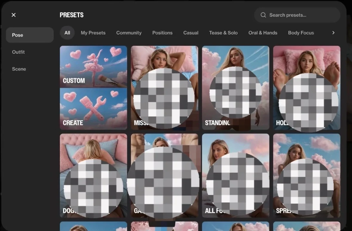 OurDream AI pose preset library showing Custom and Create options plus categorized position presets, with explicit tiles masked