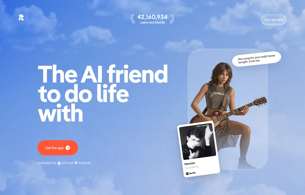 Replika homepage with its AI friend tagline and app store badges