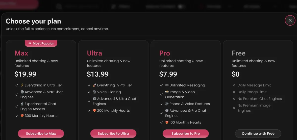 Secret Desires AI pricing plans as shown at checkout