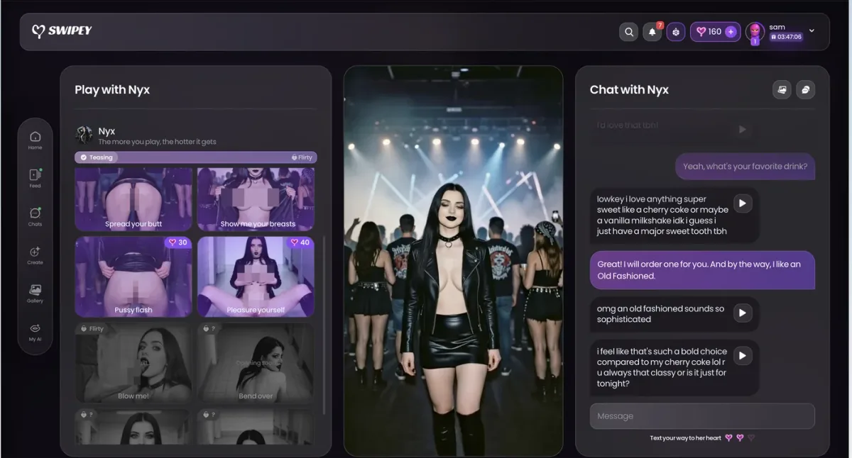 Swipey AI Play mode showing available actions with heart prices and later actions locked behind the Flirty stage
