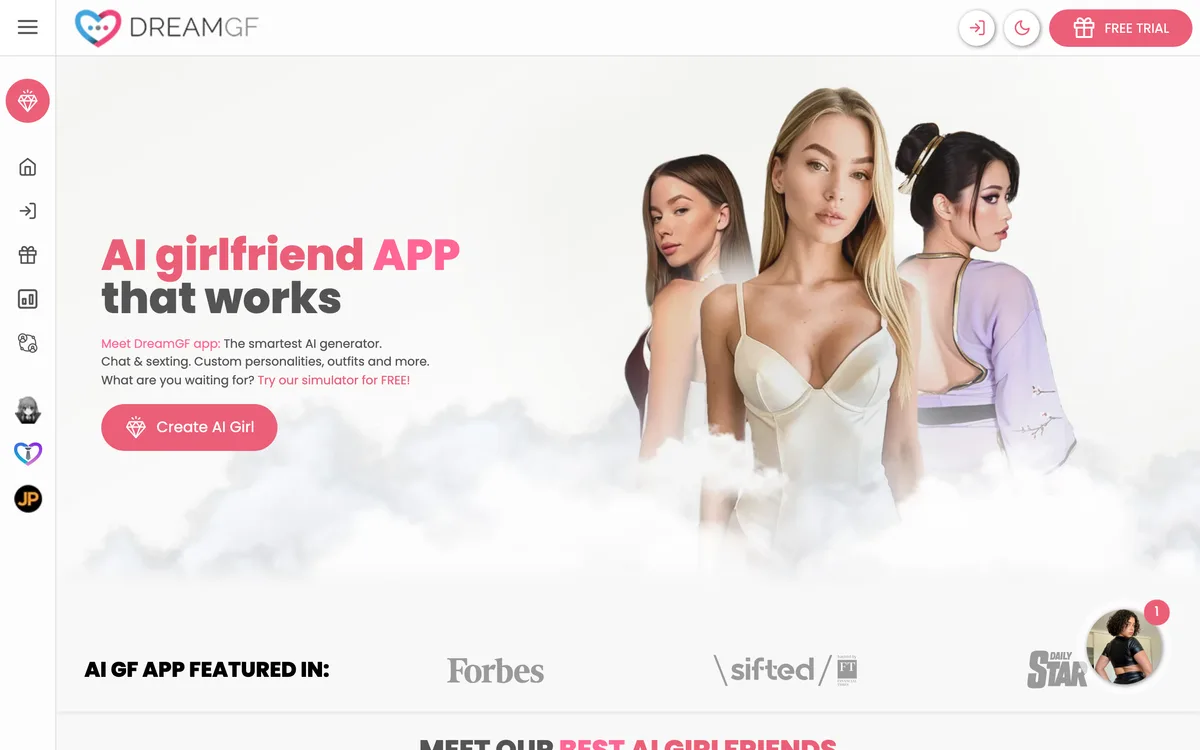 DreamGF official homepage showing its AI girlfriend app hero and Create AI Girl button