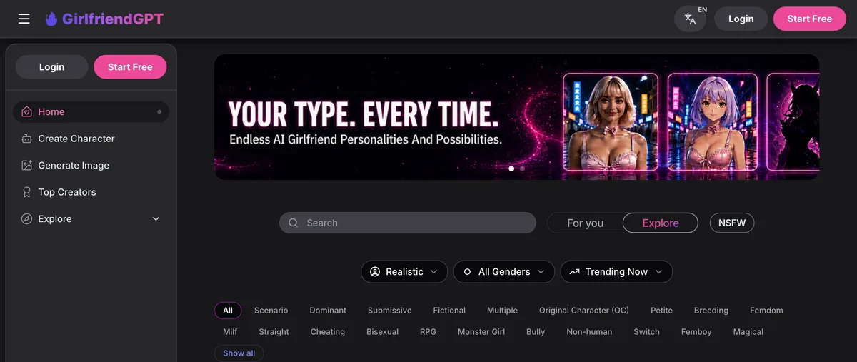 GirlfriendGPT official homepage showing its banner, NSFW toggle, and scenario category filters