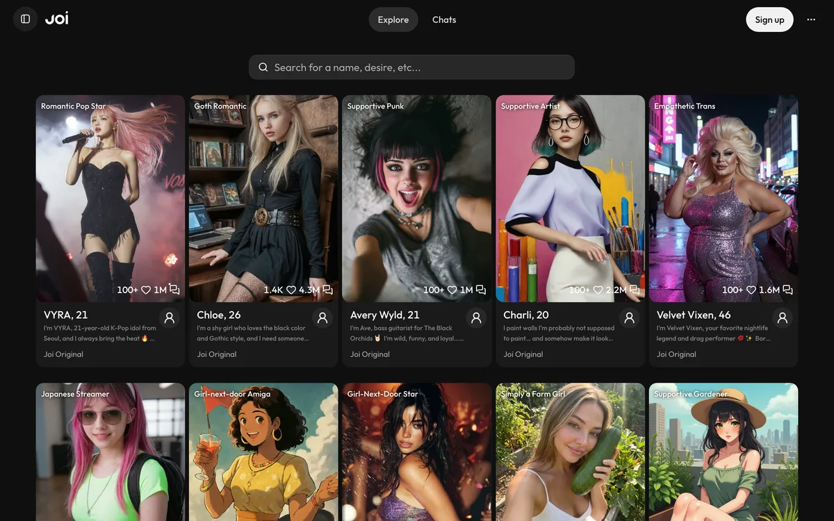JOI AI official homepage showing its character explore grid and search bar